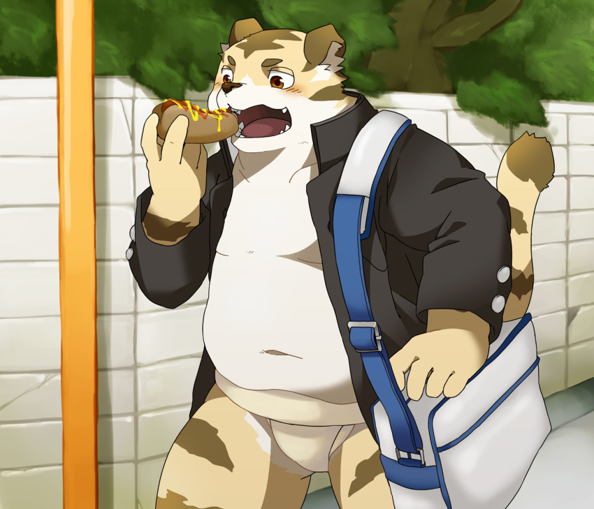 2011 anthro belly blush clothed clothing eating felid food hi_res hot_dog humanoid_hands kemono male mammal navel nikiciy open_shirt outside overweight overweight_male pantherine shirt solo tiger topwear