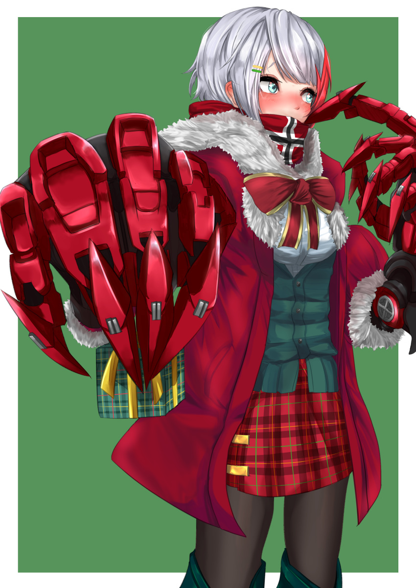 1girl absurdres admiral_graf_spee_(azur_lane) alternate_costume azur_lane black_legwear blue_eyes blush boots bow box breasts christmas coat commentary cowboy_shot ear_blush embarrassed foreshortening fur-trimmed_coat fur_trim gift gift_box green_background green_footwear green_vest hair_ornament hairclip highres kirigamine774 looking_away mechanical_arms medium_breasts miniskirt multicolored_hair pantyhose plaid plaid_skirt red_bow red_coat red_hair red_scarf red_skirt scarf scarf_over_mouth scratching_cheek short_hair silver_hair simple_background skirt solo streaked_hair thigh_boots thighhighs two-tone_hair vest