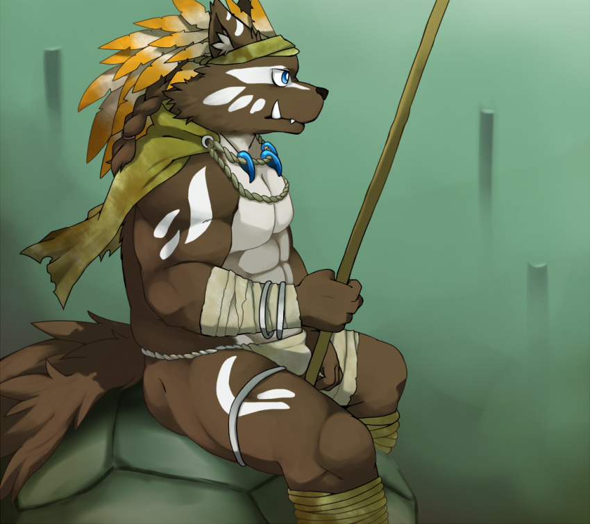 2012 anthro asian_clothing barazoku blue_eyes canid canine clothing east_asian_clothing fundoshi humanoid_hands japanese_clothing kemono male mammal muscular nikiciy pecs sitting solo underwear weapon