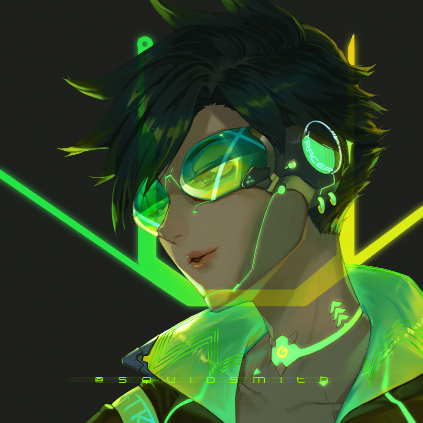 1girl artist_name bangs black_background black_hair brown_hair character_name cyberpunk_2077 cyborg earrings glowing goggles green_theme half-closed_eyes headphones highres jewelry lips lipstick looking_away makeup overwatch parted_lips portrait robot_joints short_hair smile solo spiked_hair squidsmith swept_bangs tracer_(overwatch)