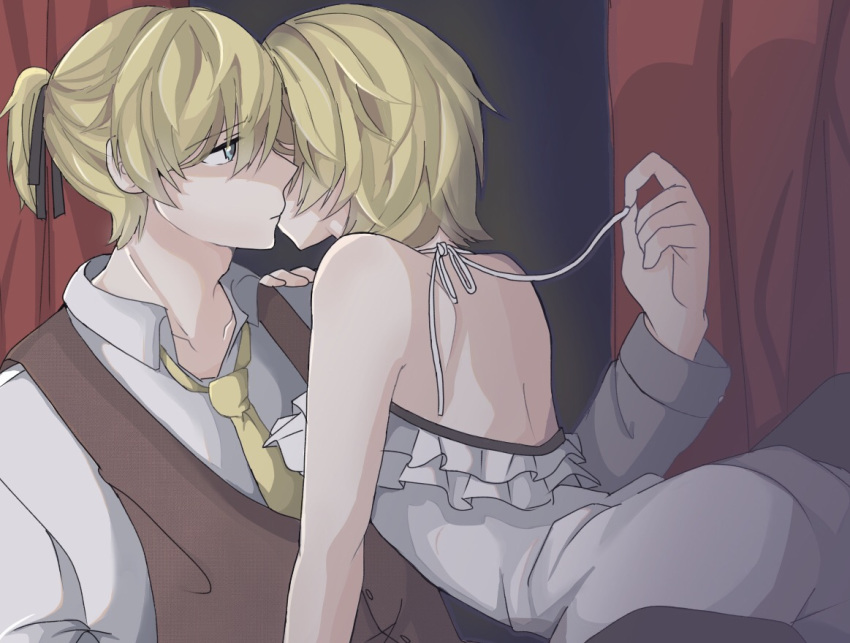 1boy 1girl adolescence_(vocaloid) arched_back bare_arms bare_shoulders blonde_hair blue_eyes brother_and_sister cheek-to-cheek collarbone curtains frilled_camisole frown hair_ribbon hand_on_another's_shoulder imminent_kiss incest kagamine_len kagamine_rin kefuko_(user_gheu2755) necktie on_person ribbon sad short_ponytail shoulder_blades siblings sleeveless_blazer slender_waist spaghetti_strap twincest twins unbuttoned unbuttoned_shirt untying vocaloid white_camisole yellow_neckwear