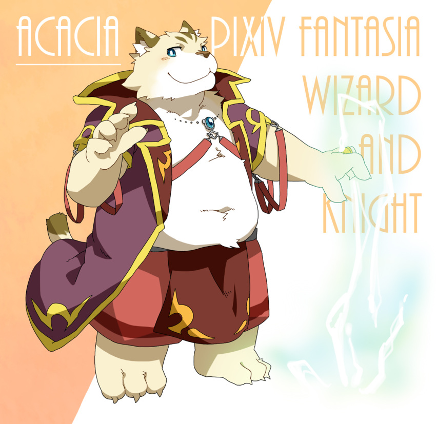 2011 anthro belly blue_eyes blush bottomwear clothing felid feline humanoid_hands kemono magic male mammal nikiciy overweight overweight_male robe shorts solo text