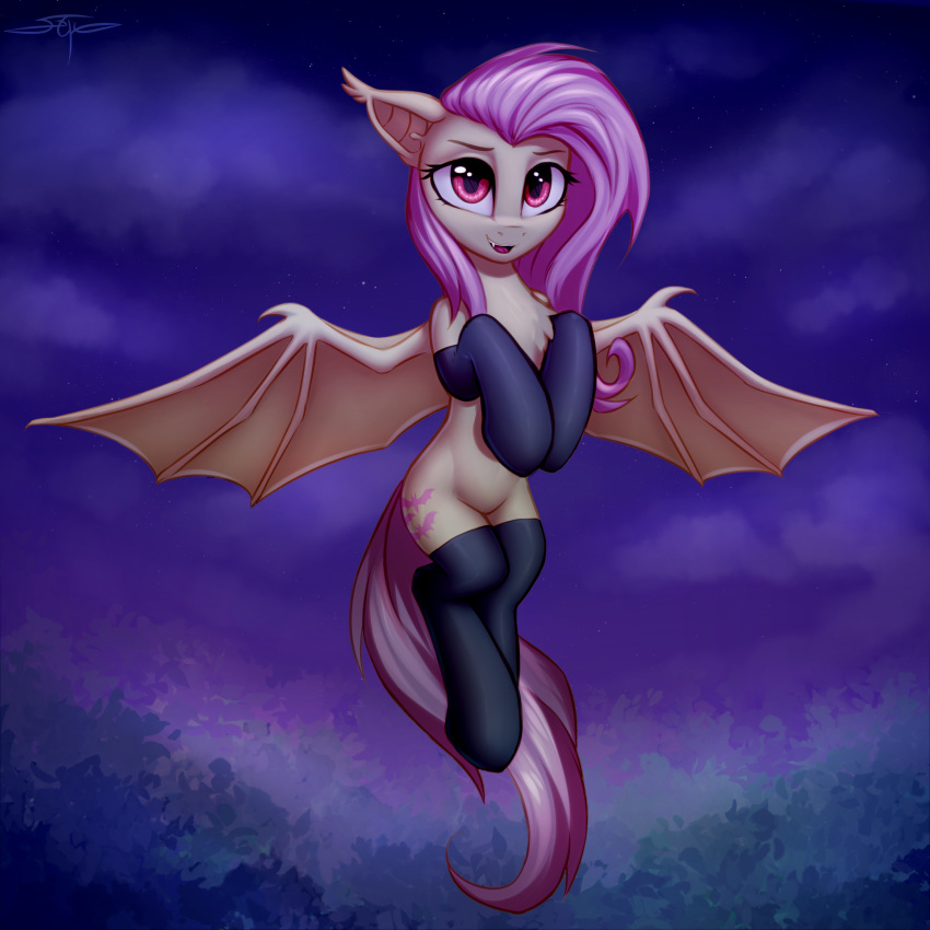 1:1 2020 absurd_res bat_pony bat_wings clothing cutie_mark digital_media_(artwork) equid eyebrows eyelashes female feral flutterbat_(mlp) fluttershy_(mlp) friendship_is_magic hi_res legwear looking_at_viewer mammal membrane_(anatomy) membranous_wings my_little_pony night open_mouth open_smile outside setharu smile solo wings