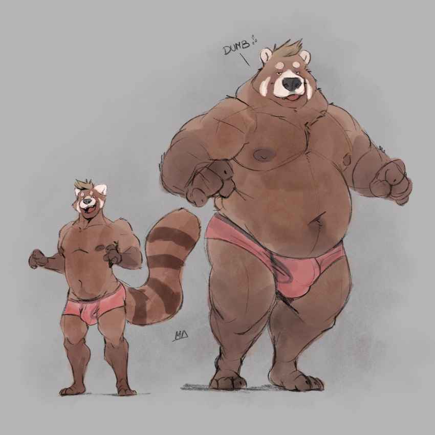 1:1 2020 ailurid anthro belly bulge clothing duo hi_res humanoid_hands male mammal minedoo moobs navel nipples overweight overweight_male red_panda simple_background text underwear ursid