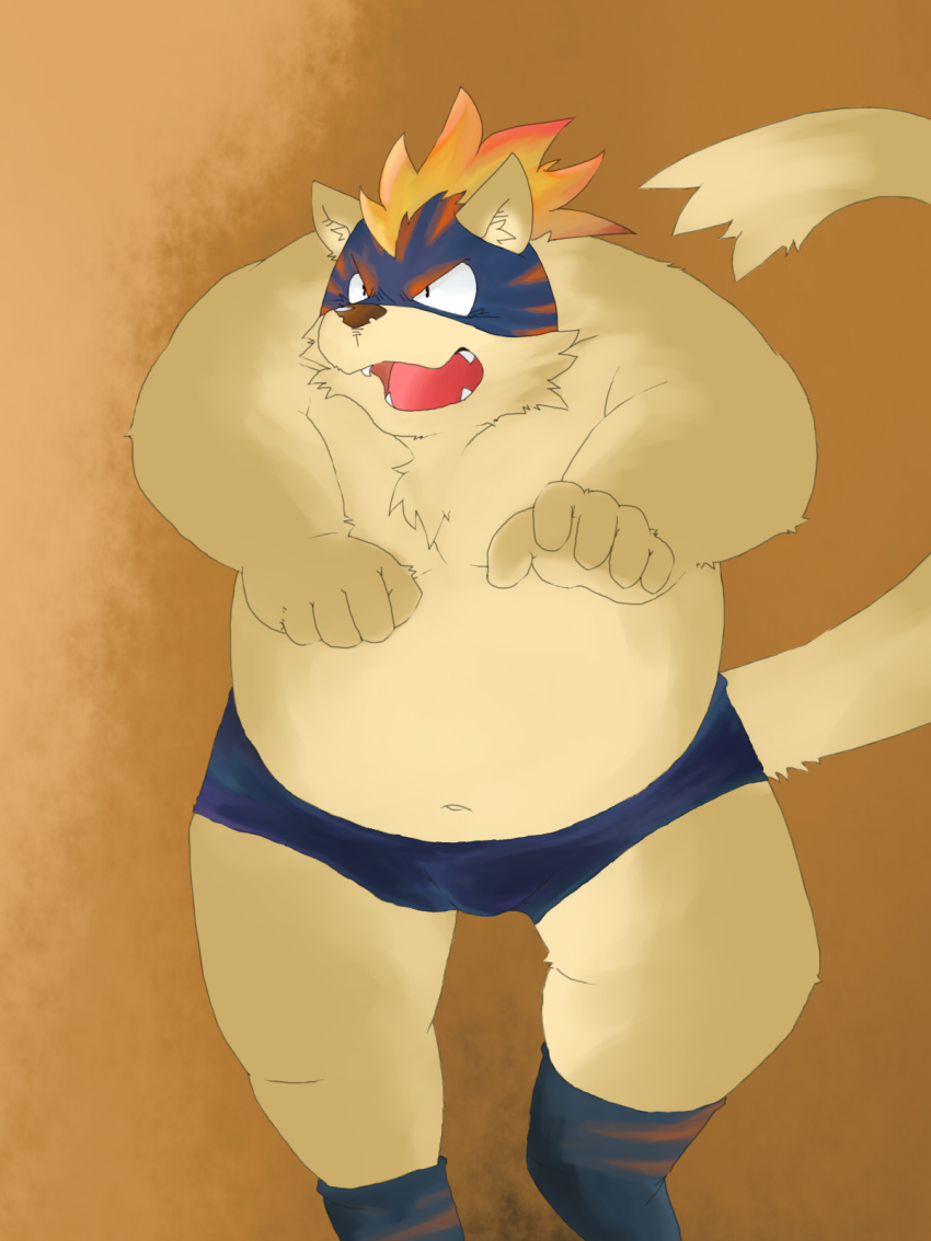 2009 3:4 anthro belly brown_body brown_fur bulge clothing cute_fangs felid feline fur ginnosuke hi_res humanoid_hands kemono male mammal mask navel overweight overweight_male simple_background solo underwear wrestler