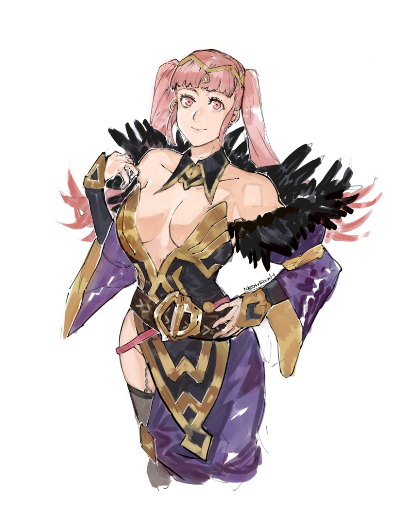 1girl artist_name breasts closed_mouth cosplay dress feather_trim fire_emblem fire_emblem:_three_houses fire_emblem_heroes highres hilda_valentine_goneril loki_(fire_emblem) loki_(fire_emblem)_(cosplay) long_hair pink_eyes pink_hair simple_background solo tiara twintails white_background yrfreakyneighbr