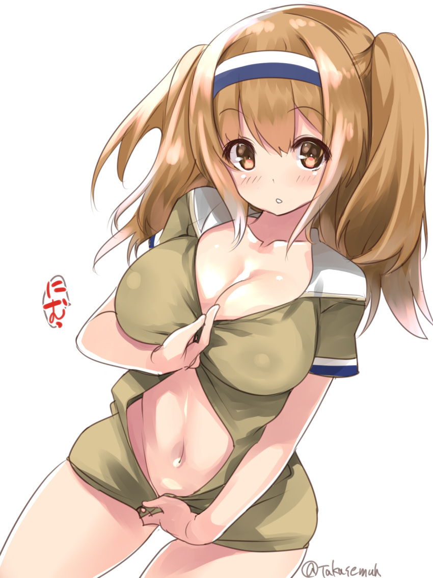 1girl bangs blush breasts brown_eyes cleavage hairband highres i-26_(kantai_collection) kantai_collection large_breasts light_brown_hair long_hair looking_at_viewer navel parted_lips sailor_collar short_sleeves simple_background solo takase_muu twitter_username two-tone_hairband two_side_up white_background