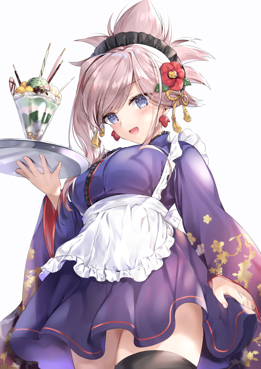 1girl absurdres apron bangs black_legwear blue_eyes blush breasts camellia commentary_request cowboy_shot earrings eyebrows_visible_through_hair fate/grand_order fate_(series) fingernails flower food frilled_apron frills from_below hair_flower hair_ornament hane_yuki highres holding holding_tray ice_cream japanese_clothes jewelry kimono kimono_skirt looking_at_viewer maid_headdress medium_breasts miyamoto_musashi_(fate/grand_order) open_mouth parfait pink_hair pocky purple_kimono simple_background smile solo tassel thighhighs tied_hair tray wa_maid waitress white_background wide_sleeves zettai_ryouiki