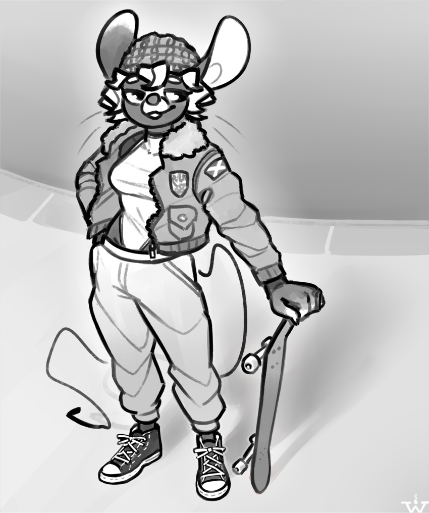 anthro aviator_jacket female hi_res mammal monochrome mouse murid murine rodent skateboard solo wick_(artist)