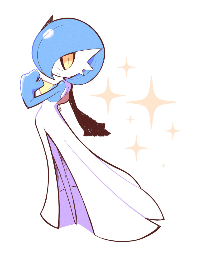 :&gt; alternate_color artsy-rc full_body gardevoir gen_3_pokemon highres looking_at_viewer no_humans pokemon pokemon_(creature) shiny_pokemon signature simple_background smile solo sparkle white_background