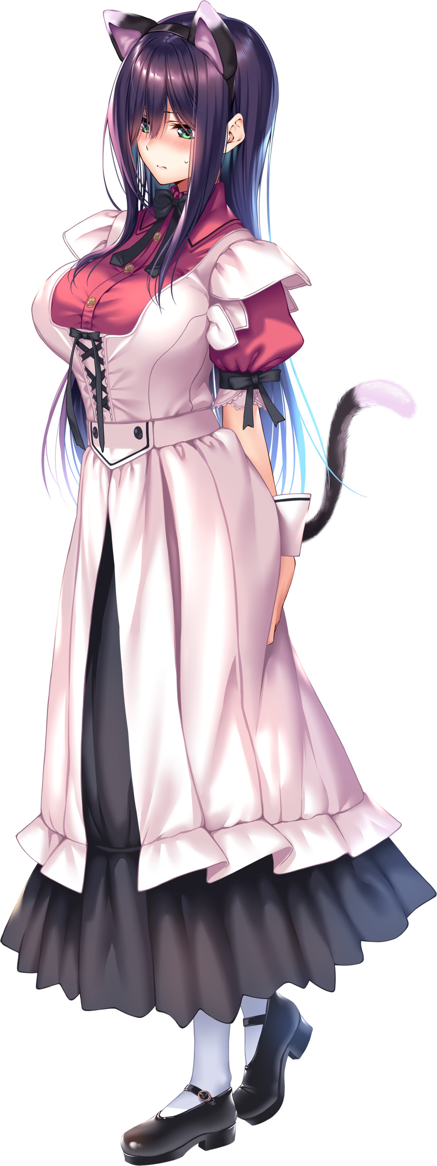 1girl absurdres amakano_2 animal_ears black_footwear blush cat_ears dress fake_animal_ears full_body green_eyes highres himiyama_rei long_hair mary_janes official_art piromizu purple_hair shoes short_sleeves solo transparent_background white_legwear wrist_cuffs