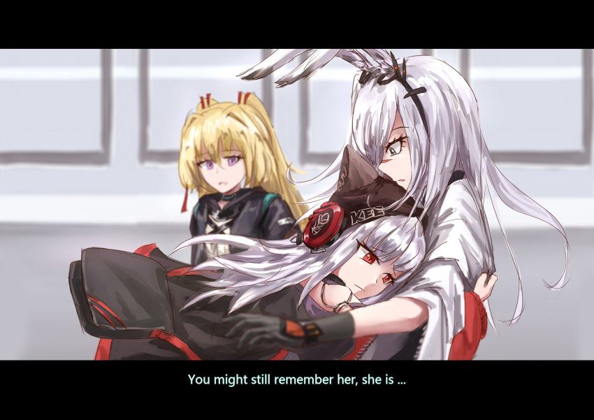 3girls animal_ears arknights blonde_hair bunny_ears chinese_commentary cishi_nianshao doctor_(arknights) english_text facial_scar female_doctor_(arknights) frostleaf_(arknights) frostnova_(arknights) headphones highres hug indoors multiple_girls nose_scar office scar white_hair