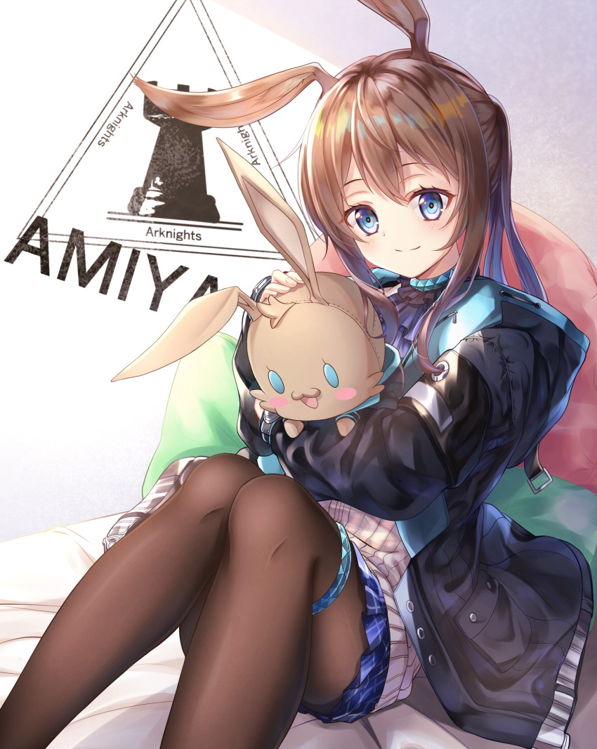 1girl amiya_(arknights) animal_ears arknights bangs black_jacket blue_choker blue_eyes blue_skirt brown_hair brown_legwear bunny_ears choker commentary_request feet_out_of_frame highres holding holding_stuffed_animal jacket long_hair long_sleeves looking_at_viewer miniskirt noan pantyhose pillow sitting skirt smile solo stuffed_animal stuffed_bunny stuffed_toy thighlet