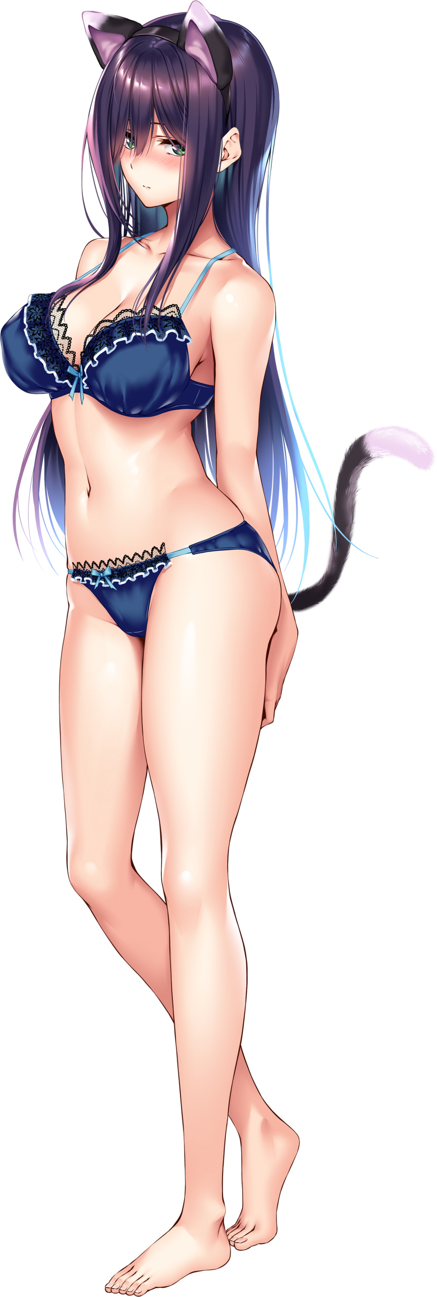 1girl absurdres amakano_2 animal_ears barefoot blue_bra blue_panties blush bra cat_ears cat_tail fake_animal_ears fake_tail full_body green_eyes highres himiyama_rei long_hair looking_at_viewer navel official_art panties piromizu purple_hair solo standing tail underwear underwear_only