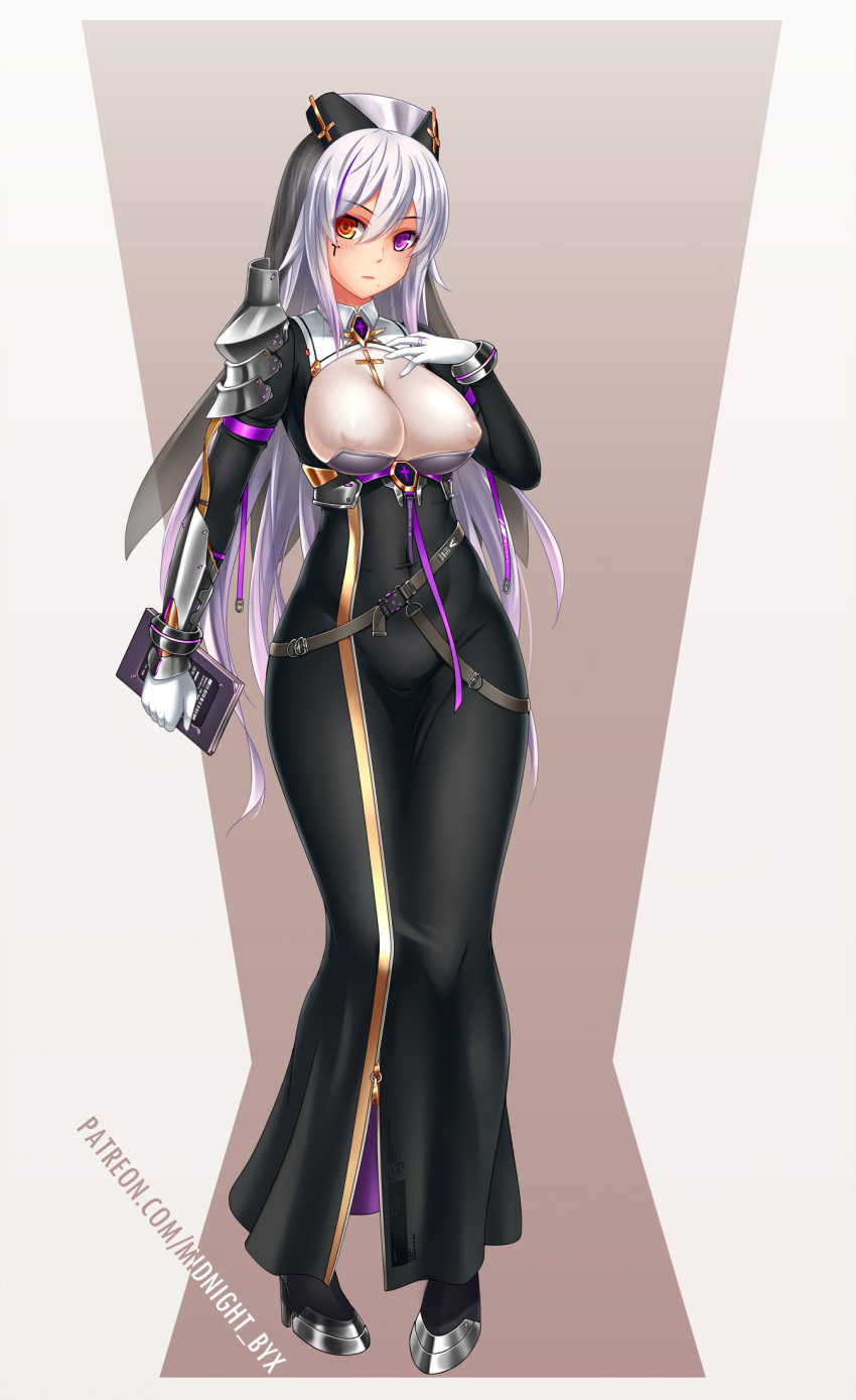 1girl armor armored_dress book breasts catholic covered_navel covered_nipples cross cross_necklace cross_tattoo full_body gloves habit hat heterochromia high_heels highres jewelry large_breasts long_hair looking_at_viewer midnight_(banyex) mole mole_under_mouth necklace nun original purple_eyes robe side_slit silver_hair solo veil white_gloves yellow_eyes