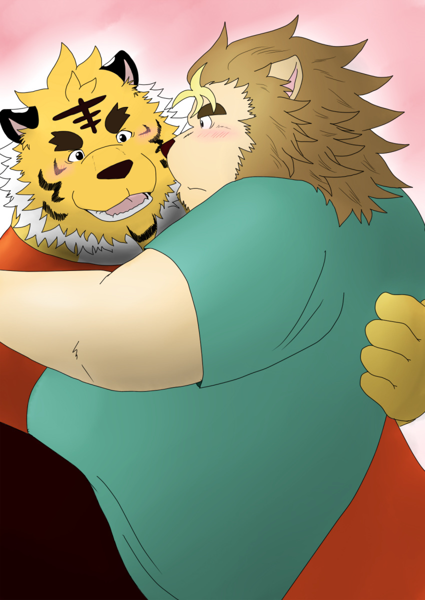 2010 anthro belly blush clothing duo felid hi_res hug humanoid_hands kemono kuma_(pixiv_881259) lion male male/male mammal overweight overweight_male pantherine shirt tiger topwear