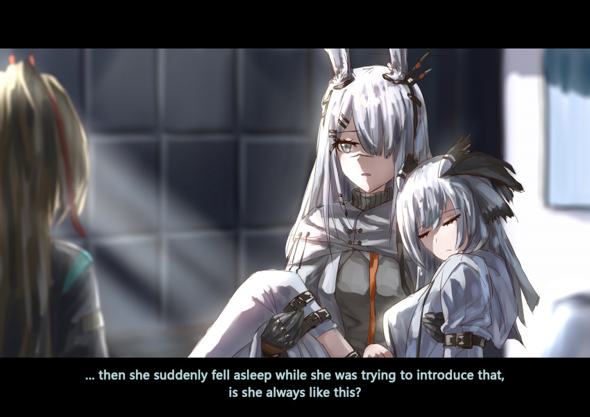 3girls animal_ears arknights bunny_ears carrying chinese_commentary cishi_nianshao doctor_(arknights) english_text facial_scar female_doctor_(arknights) frostnova_(arknights) highres indoors multiple_girls nose_scar office princess_carry ptilopsis_(arknights) scar sleeping white_hair