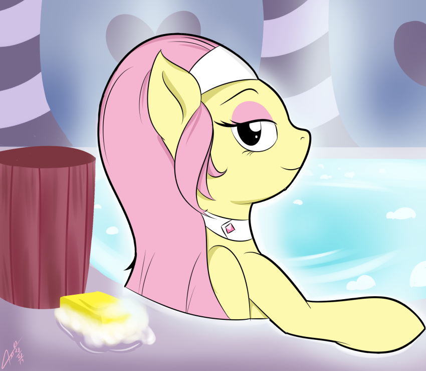 asajiopie01 equid equine female feral fluttershy_(mlp) friendship_is_magic hair hi_res looking_at_viewer looking_back mammal my_little_pony pink_hair pterippus soap solo water wings yellow_body