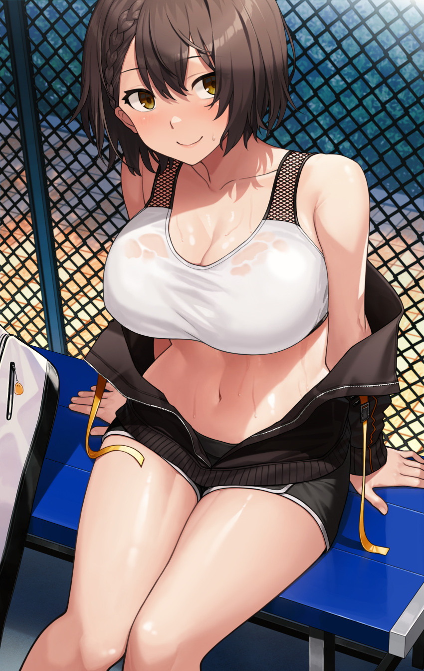 1girl absurdres azur_lane baltimore_(azur_lane) baltimore_(black_ace)_(azur_lane) bare_shoulders black_jacket black_shorts blush braid breasts brown_eyes brown_hair chain-link_fence cleavage fence hair_between_eyes highres jacket large_breasts looking_at_viewer navel off-shoulder_jacket sakamotono see-through short_hair short_shorts shorts sitting skirt smile solo sports_bra sweatdrop wet_bra white_sports_bra yellow_eyes