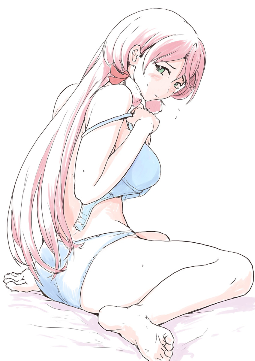 1girl akashi_(kantai_collection) bangs barefoot blue_bra blue_panties blush bra breasts closed_mouth eyebrows_visible_through_hair green_eyes hair_ribbon highres kantai_collection long_hair panties pink_hair ribbon simple_background sitting solo sweat tress_ribbon underwear unfastened vent_arbre white_background