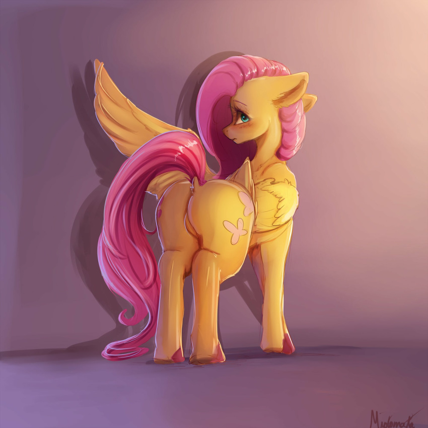 1:1 big_butt blush butt equid equine featureless_crotch female feral fluttershy_(mlp) friendship_is_magic green_eyes hair hi_res looking_at_viewer looking_back mammal miokomata my_little_pony pink_hair pterippus rear_view solo wings yellow_body