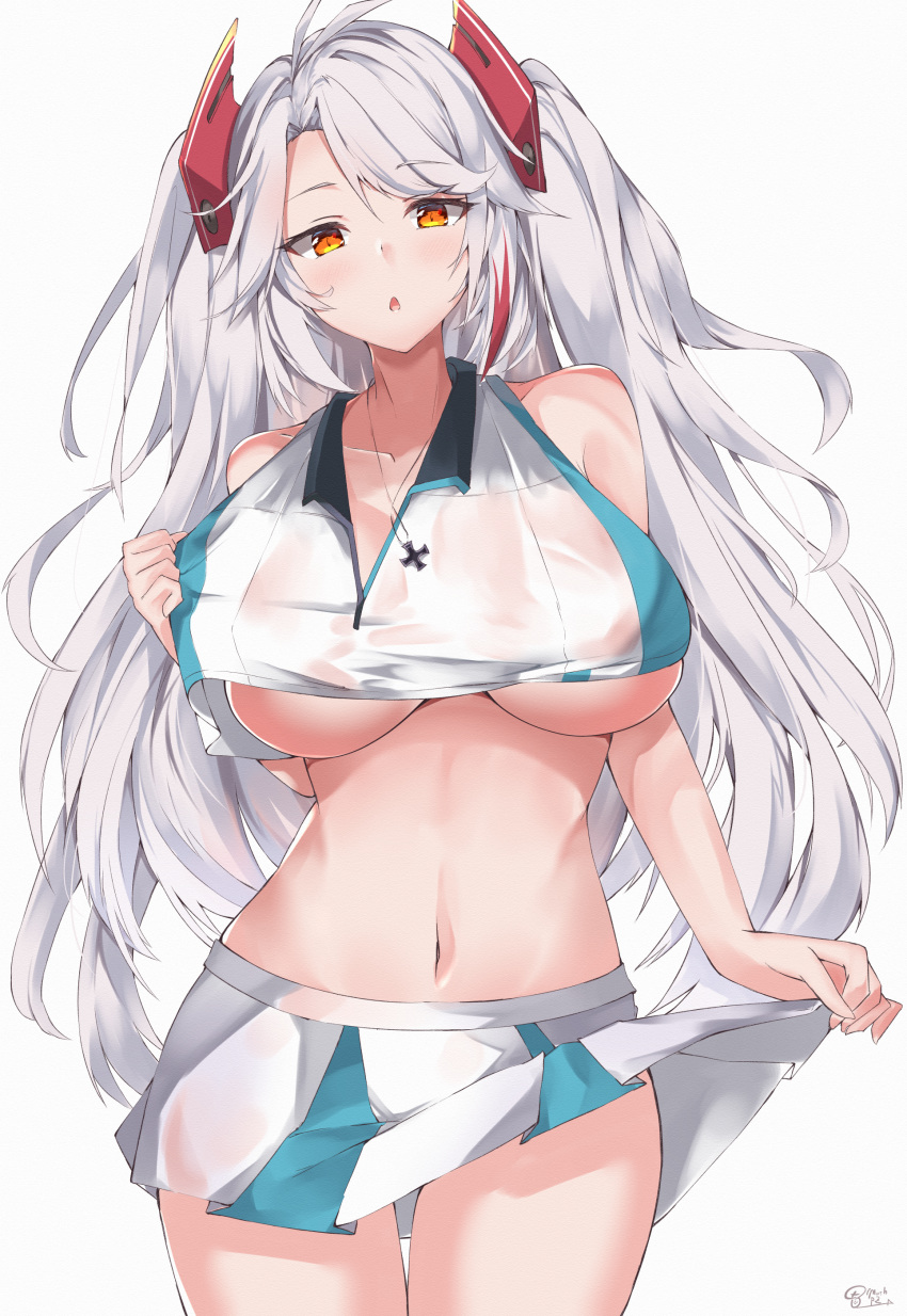 1girl absurdres antenna_hair azur_lane bare_shoulders breasts bremerton_(azur_lane) bremerton_(azur_lane)_(cosplay) bremerton_(scorching-hot_training)_(azur_lane) collarbone cosplay cowboy_shot crop_top crop_top_overhang hair_ornament highres jewelry k-doku large_breasts long_hair looking_at_viewer midriff miniskirt multicolored_hair navel necklace parted_lips pleated_skirt prinz_eugen_(azur_lane) red_eyes shirt silver_hair simple_background skirt sleeveless sleeveless_shirt solo stomach streaked_hair thighs two_side_up underboob very_long_hair wet wet_clothes wet_shirt white_background white_shirt white_skirt