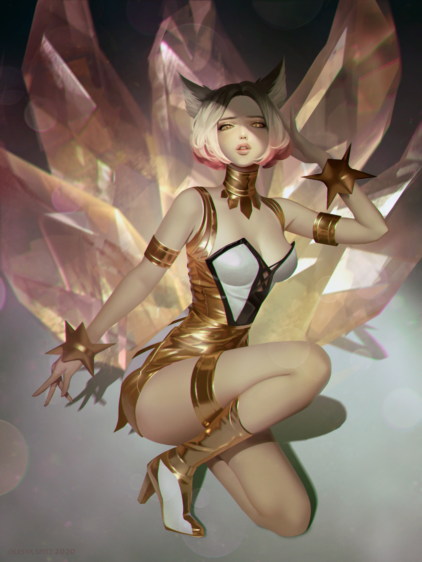 1girl absurdres ahri animal_ears armlet bare_shoulders blonde_hair bracelet breasts cleavage fingernails fox_ears fox_tail gold gold_trim high_heels highres huge_filesize jewelry k/da_(league_of_legends) k/da_ahri kitsune league_of_legends long_fingernails multiple_tails olesyaspitz one_knee parted_lips pink_lips shadow sharp_fingernails short_hair solo tail turtleneck yellow_eyes