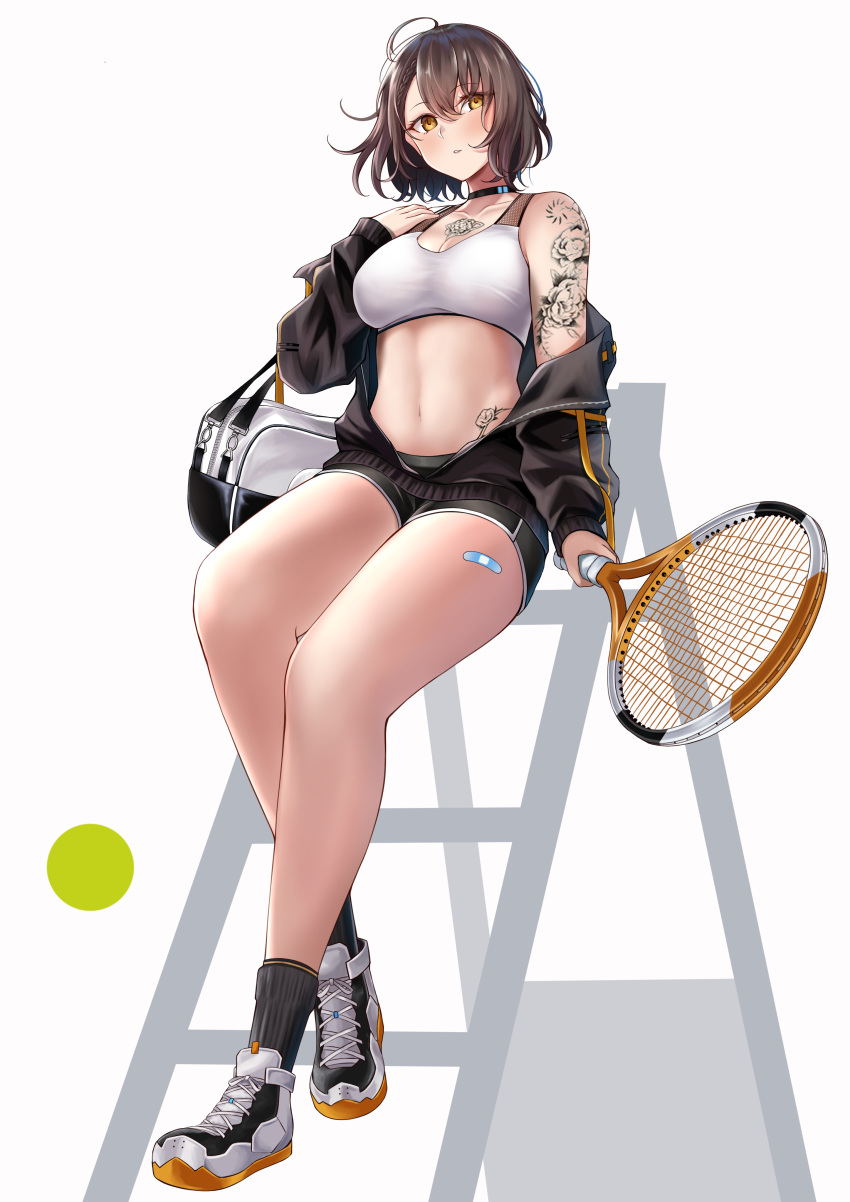 1girl absurdres arm_tattoo azur_lane baltimore_(azur_lane) baltimore_(black_ace)_(azur_lane) bandaid_on_leg black_choker breasts brown_hair chest_tattoo choker cleavage commentary_request flower_tattoo full_body highres holding_racket large_breasts looking_at_viewer midriff navel numaguro_(tomokun0808) off-shoulder_jacket open_clothes queen_of_spades racket shoes shoulder_tattoo sitting sneakers solo sports_bra tattoo tennis_racket thigh_tattoo unzipped white_sports_bra yellow_eyes