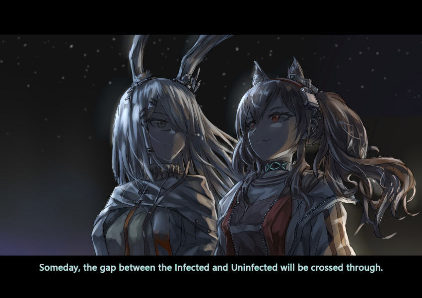 angelina_(arknights) animal_ears arknights brown_hair bunny_ears chinese_commentary cishi_nianshao english_text facial_scar frostnova_(arknights) highres night nose_scar outdoors scar star white_hair
