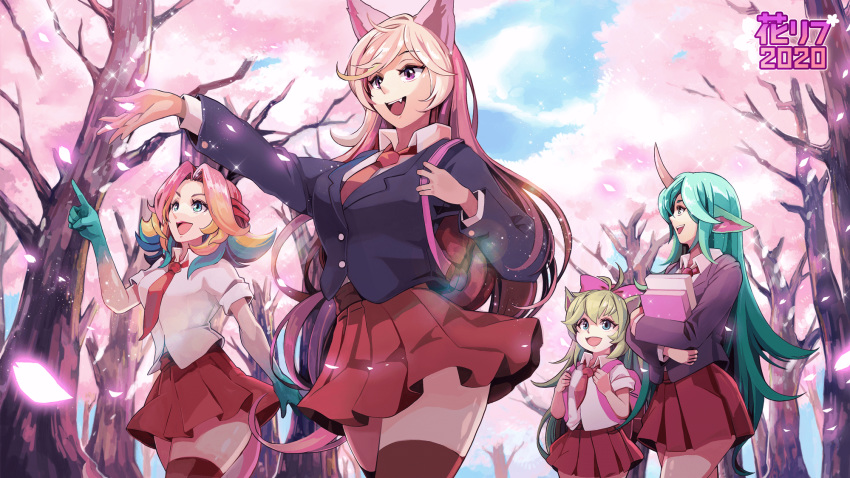 4girls ahri animal_ears antenna_hair backpack bag blonde_hair blue_sky book bow cherry_blossoms cloud fang fingernails fox_ears glowing green_eyes green_hair hair_bow highres holding holding_book horn league_of_legends long_fingernails long_hair lulu_(league_of_legends) medium_hair moonblue multicolored multicolored_hair multiple_girls necktie neeko open_mouth outdoors petals pink_backpack pink_hair pink_lips pointing purple_bow red_neckwear red_skirt school_uniform skirt sky sleeves_rolled_up smile soraka star_guardian_(league_of_legends) star_guardian_ahri star_guardian_lulu star_guardian_neeko star_guardian_soraka tail teeth thighhighs tongue tree uniform upper_teeth walking