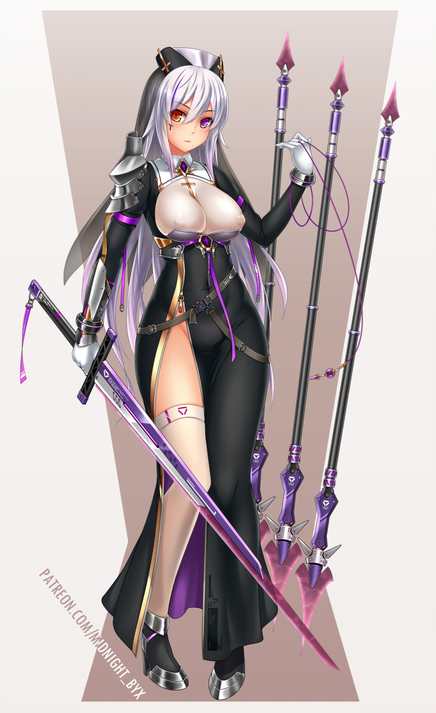 1girl armor armored_dress breasts catholic covered_navel covered_nipples cross cross_necklace cross_tattoo full_body gloves habit hat heterochromia high_heels highres jewelry large_breasts long_hair looking_at_viewer midnight_(banyex) mole mole_under_mouth necklace no_panties nun original purple_eyes robe side_slit silver_hair solo sword thighhighs veil weapon white_gloves white_legwear yellow_eyes