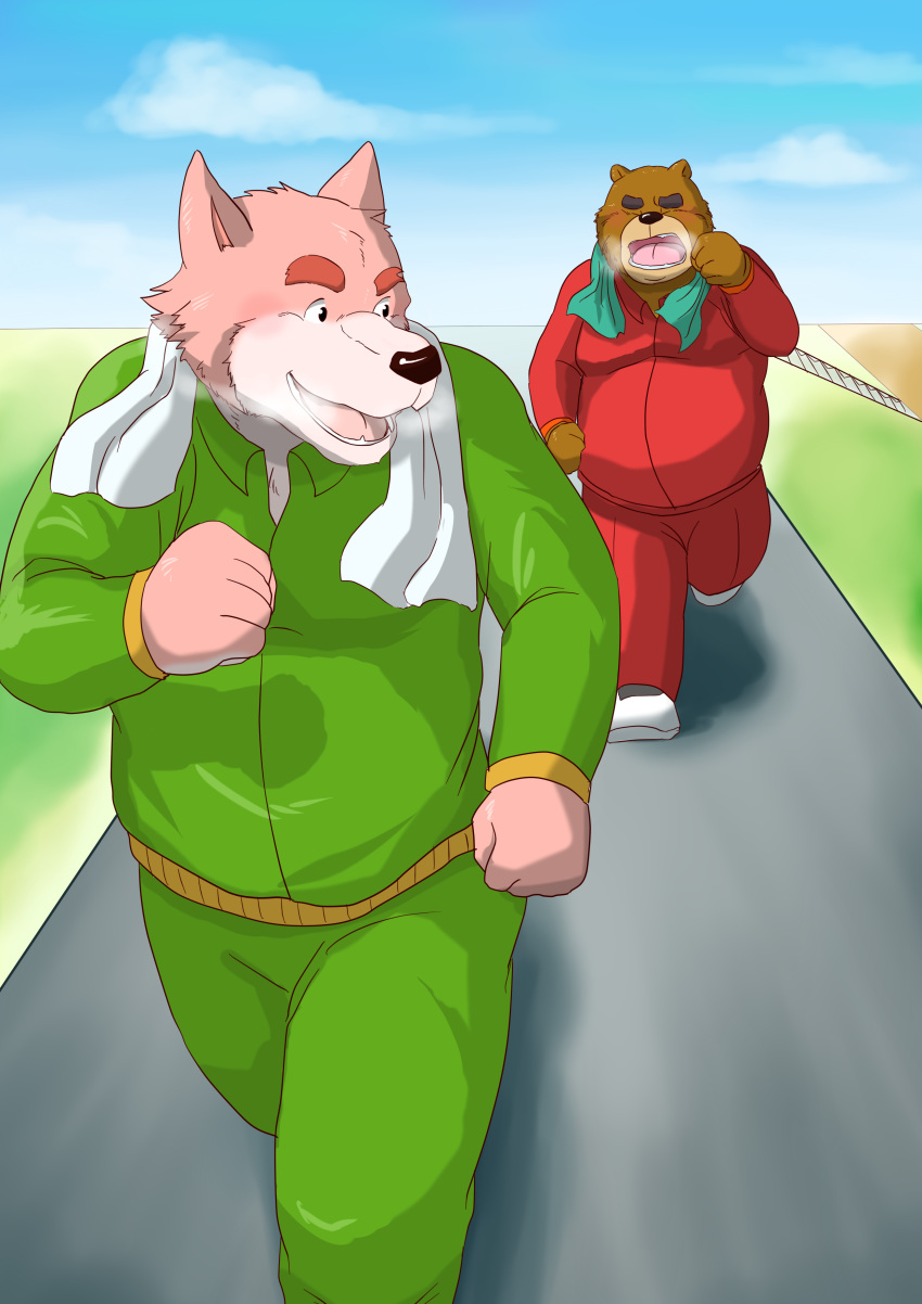 2012 absurd_res anthro bottomwear brown_body brown_fur canid canine clothing duo eyes_closed fur hi_res humanoid_hands kemono kuma_(pixiv_881259) male mammal overweight overweight_male pants ursid