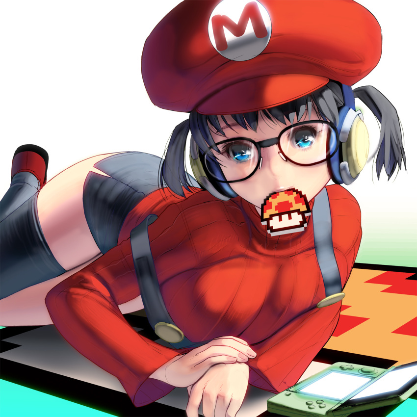 1girl black_legwear blue_eyes blue_hair breasts genderswap genderswap_(mtf) glasses gradient gradient_background handheld_game_console hat headphones highres large_breasts long_sleeves looking_at_viewer mario mario_(series) masao miniskirt mouth_hold mushroom nintendo nintendo_3ds revision ribbed_sweater skirt solo super_mario_bros. super_mushroom suspenders sweater thighhighs turtleneck twintails