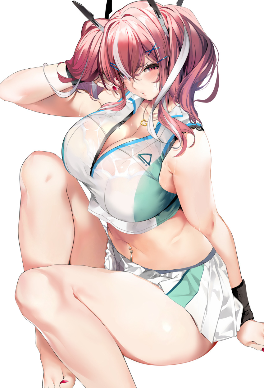 1girl arm_support armpit_crease azur_lane bangs bare_shoulders blush breasts bremerton_(azur_lane) bremerton_(scorching-hot_training)_(azur_lane) cleavage collarbone crop_top hair_between_eyes hair_ornament hairclip hand_in_hair hand_up head_tilt heart heart_necklace highres large_breasts long_hair looking_at_viewer marushin_(denwa0214) mole mole_on_breast mole_under_eye multicolored_hair nail_polish navel_piercing open_mouth piercing pink_eyes pink_hair pink_nails see-through shirt sidelocks simple_background sitting skirt sleeveless sleeveless_shirt solo sportswear streaked_hair sweat tennis_uniform thighs toenail_polish twintails two-tone_skirt wet wet_clothes white_background x_hair_ornament