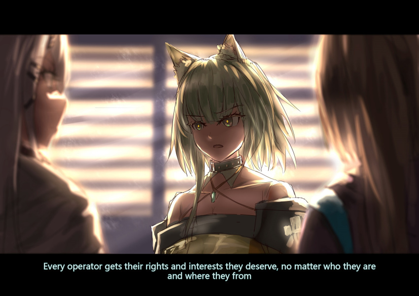 3girls amiya_(arknights) animal_ears arknights cat_ears chinese_commentary cishi_nianshao english_text facial_scar frostnova_(arknights) green_eyes green_hair highres indoors kal'tsit multiple_girls nose_scar office scar white_hair
