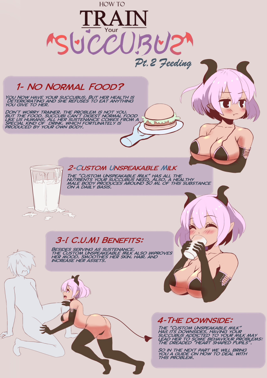 1boy 1girl black_gloves blush breasts brown_eyes cleavage closed_mouth collarbone crossed_arms cup demon_girl demon_horns demon_tail disembodied_limb drinking_glass elbow_gloves english_text eyebrows_visible_through_hair faceless faceless_male food gloves hamburger hanariel highres holding holding_tray horns large_breasts looking_at_another looking_away original pink_hair pout pouty_lips short_hair succubus suggestive_fluid tail text_focus tray