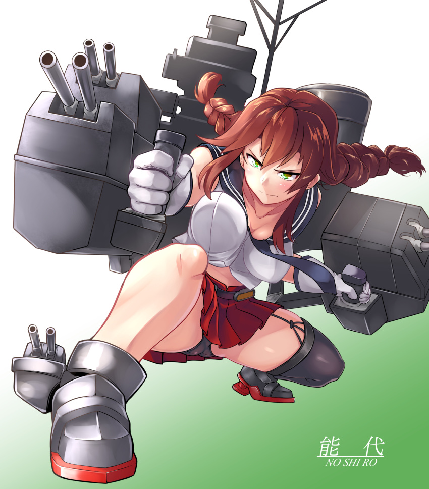 1girl asymmetrical_legwear belt black_panties braid breasts brown_hair cannon chaigidhiell character_name commentary_request full_body garter_straps gloves gradient gradient_background green_eyes highres kantai_collection midriff miniskirt necktie noshiro_(kantai_collection) panties pantyshot pantyshot_(squatting) pleated_skirt red_skirt school_uniform serafuku single_thighhigh skirt solo squatting thighhighs turret twin_braids underwear white_gloves