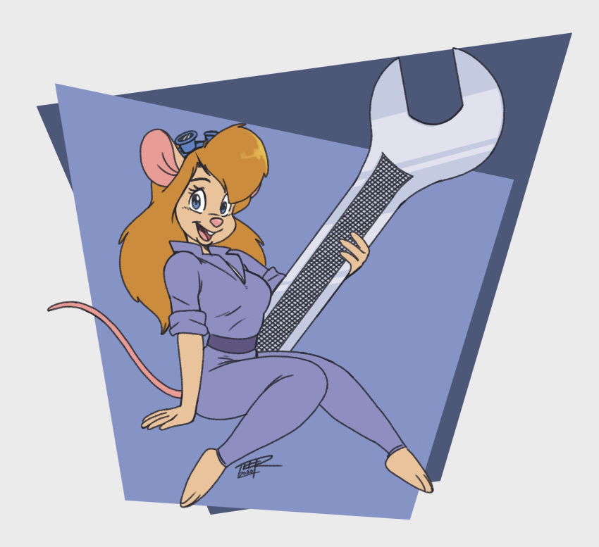 anthro barefoot chip_'n_dale_rescue_rangers disney english_text eyewear female gadget_hackwrench goggles goggles_on_head hi_res looking_at_viewer mammal mouse murid murine pinup pose rodent solo teer text tools wrench