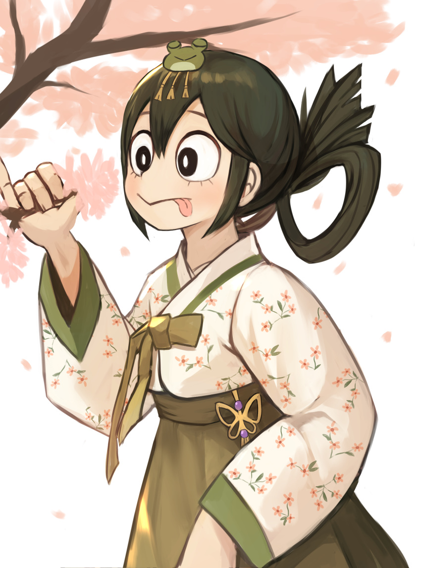 1girl absurdres asui_tsuyu black_eyes black_hair boku_no_hero_academia bright_pupils cherry_blossoms frog_hair_ornament hair_between_eyes hair_ornament highres japanese_clothes long_hair long_sleeves ponytail simple_background solo sookmo tongue tongue_out tree upper_body white_background white_pupils