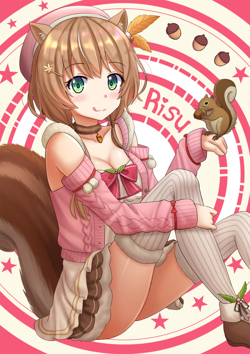 1girl animal_ears ayunda_risu bare_shoulders beret breasts brown_hair cardigan cleavage commentary detached_sleeves eyebrows_visible_through_hair green_eyes hair_between_eyes hair_ornament hat highres hololive kazenokaze knees_up long_sleeves looking_at_viewer medium_hair open_cardigan open_clothes shirt skirt small_breasts squirrel squirrel_ears squirrel_tail tail thighhighs tongue tongue_out virtual_youtuber white_shirt zettai_ryouiki