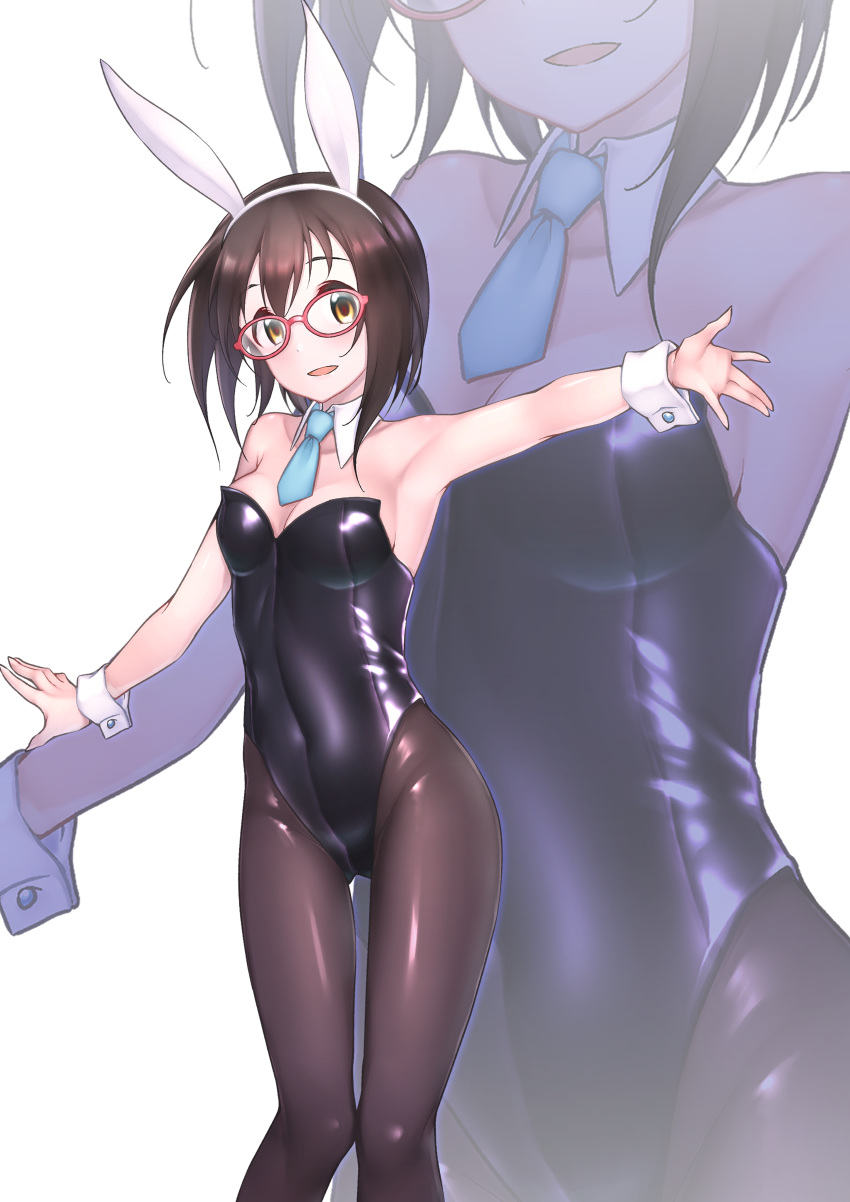 1girl absurdres animal_ears armpits black_hair black_legwear black_leotard blue_neckwear breasts brown_eyes bunny_ears bunny_girl bunny_tail bunnysuit cleavage commentary_request detached_collar feet_out_of_frame glasses highres idolmaster idolmaster_cinderella_girls ka_(reonkat) kamijou_haruna leotard looking_at_viewer medium_breasts necktie outstretched_arms pantyhose pink-framed_eyewear short_hair simple_background solo strapless strapless_leotard tail white_background wrist_cuffs zoom_layer