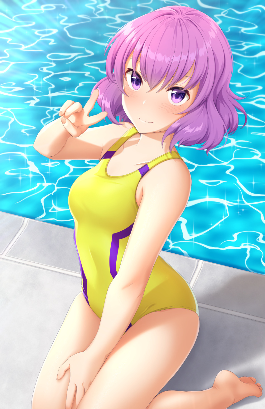 1girl absurdres commentary competition_swimsuit english_commentary full_body highres kawai_hanabi keijo!!!!!!!! kneeling looking_at_viewer one-piece_swimsuit pool poolside purple_eyes purple_hair short_hair solo swimsuit tiri v water wavy_hair yellow_swimsuit