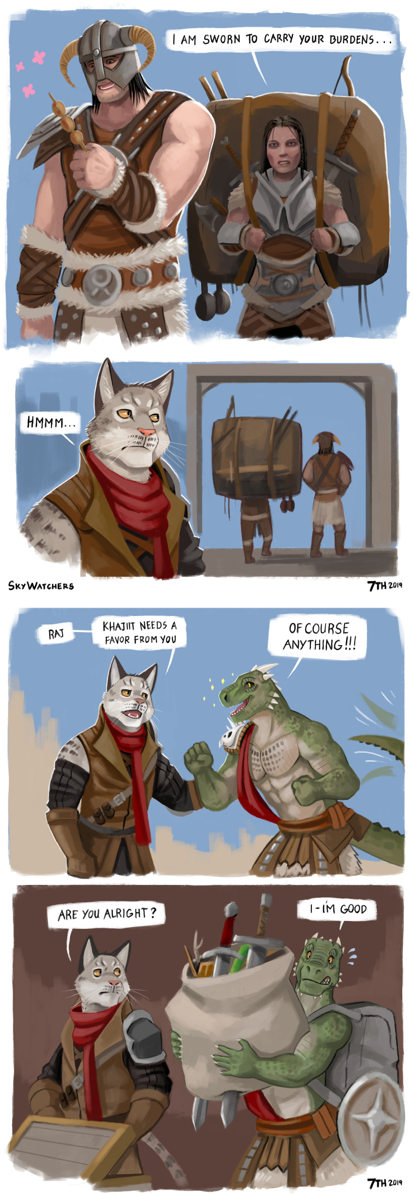 5_fingers 7theaven abs absurd_res anthro argonian armor backpack bag bethesda_softworks biceps bodily_fluids bow_(weapon) clothed clothing comic dialogue duo english_text felid feline fingers fist hi_res holding_object human khajiit looking_at_another lydia_(skyrim) male male/male mammal melee_weapon muscular muscular_arms muscular_male pecs raj-mota_rus_(character) ranged_weapon scalie scarf shield simple_background speech_bubble sweat sweatdrop sword tailwag text the_elder_scrolls triceps video_games weapon zah'ari_(character)