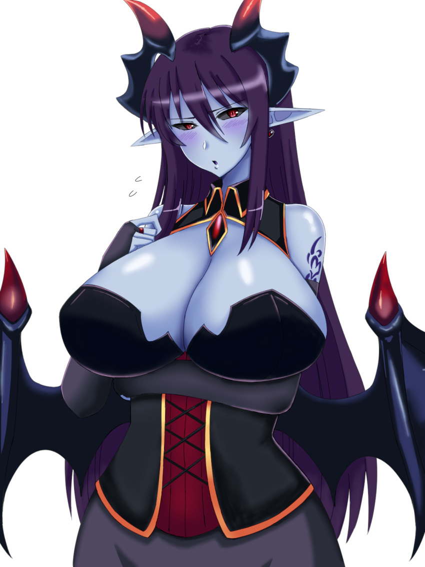 1girl arm_under_breasts bare_shoulders black_sclera blue_skin blush breasts bridal_gauntlets cleavage commentary_request corset demon_(monster_girl_encyclopedia) demon_girl demon_horns demon_wings elbow_gloves eyebrows_visible_through_hair gloves hair_between_eyes highres horns huge_breasts large_breasts long_hair looking_at_viewer monster_girl monster_girl_encyclopedia nakoto_oekaki open_mouth pointy_ears purple_hair red_eyes simple_background slit_pupils solo upper_body white_background wings