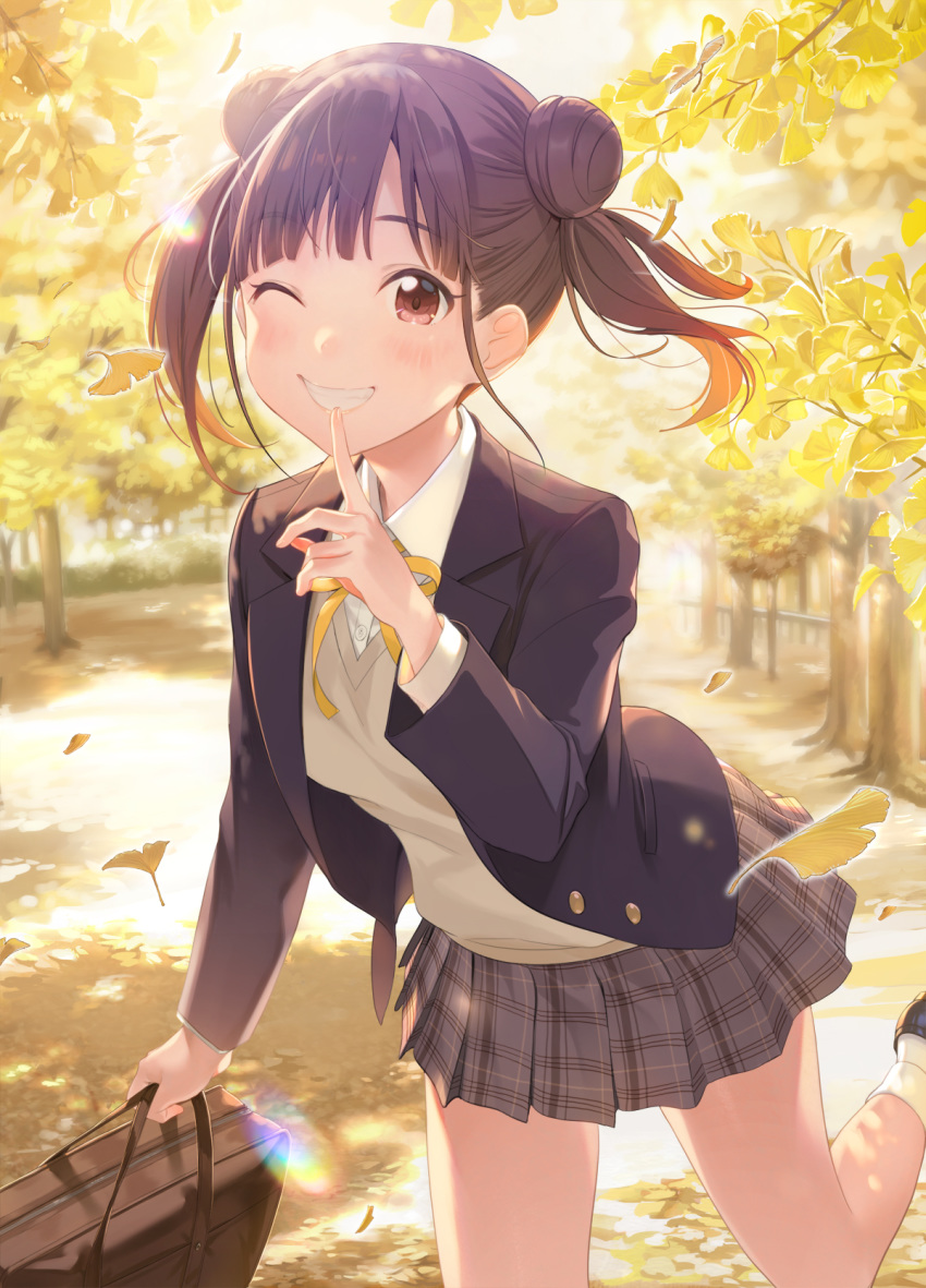 1girl autumn_leaves bag bangs black_jacket blazer brown_eyes brown_hair commentary_request double_bun finger_to_mouth ginkgo_leaf grin highres idolmaster idolmaster_shiny_colors jacket joey_koguma long_sleeves looking_at_viewer miniskirt one_eye_closed plaid plaid_skirt pleated_skirt ribbon school_bag school_uniform short_twintails skirt smile socks solo sonoda_chiyoko sweater twintails white_legwear yellow_neckwear yellow_ribbon