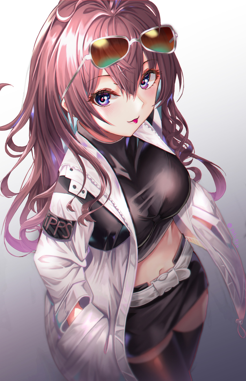 1girl absurdres belt black_shirt black_skirt blue_eyes blurry breasts brown_hair brown_legwear coat crop_top cup6542 eyewear_on_head from_above gradient gradient_background hands_in_pockets highres ichinose_shiki idolmaster idolmaster_cinderella_girls large_breasts lipps_(idolmaster) long_hair long_sleeves looking_at_viewer midriff miniskirt navel open_clothes open_coat pencil_skirt shirt skirt solo sunglasses thighhighs tongue tongue_out white_coat zettai_ryouiki