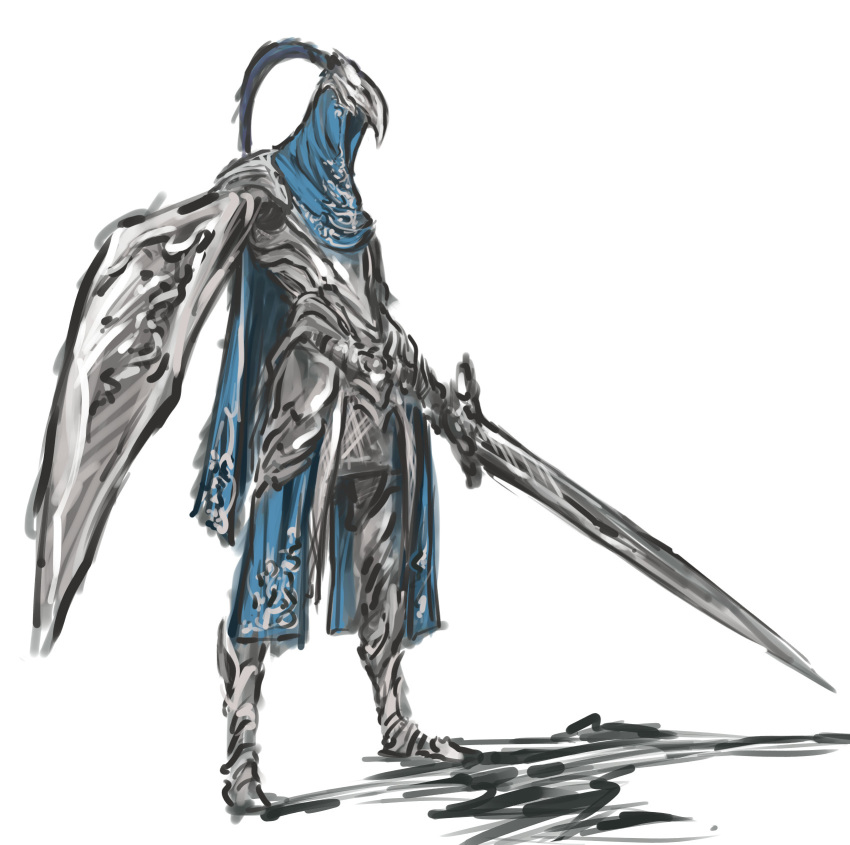 1boy armor artorias_the_abysswalker dark_souls full_armor highres holding holding_shield holding_sword holding_weapon male_focus nameo_(judgemasterkou) no_humans shield simple_background solo souls_(from_software) sword weapon white_background