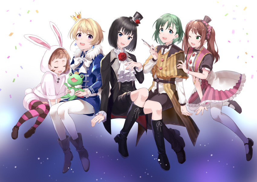 5boys animal_hood bangs black_hair blonde_hair blue_eyes boots bow bowtie brown_hair bunny_hood closed_eyes confetti cravat crossdressing crown earrings full_body green_eyes green_hair hat highres himeno_kanon hood idolmaster idolmaster_side-m jewelry kaerre kagura_rei long_hair looking_at_another looking_at_viewer mini_hat mini_top_hat mizushima_saki multiple_boys otoko_no_ko pantyhose pierre_(idolmaster) purple_eyes rayuse shorts sitting striped striped_legwear stuffed_animal stuffed_frog stuffed_toy thighhighs top_hat twintails uzuki_makio white_legwear