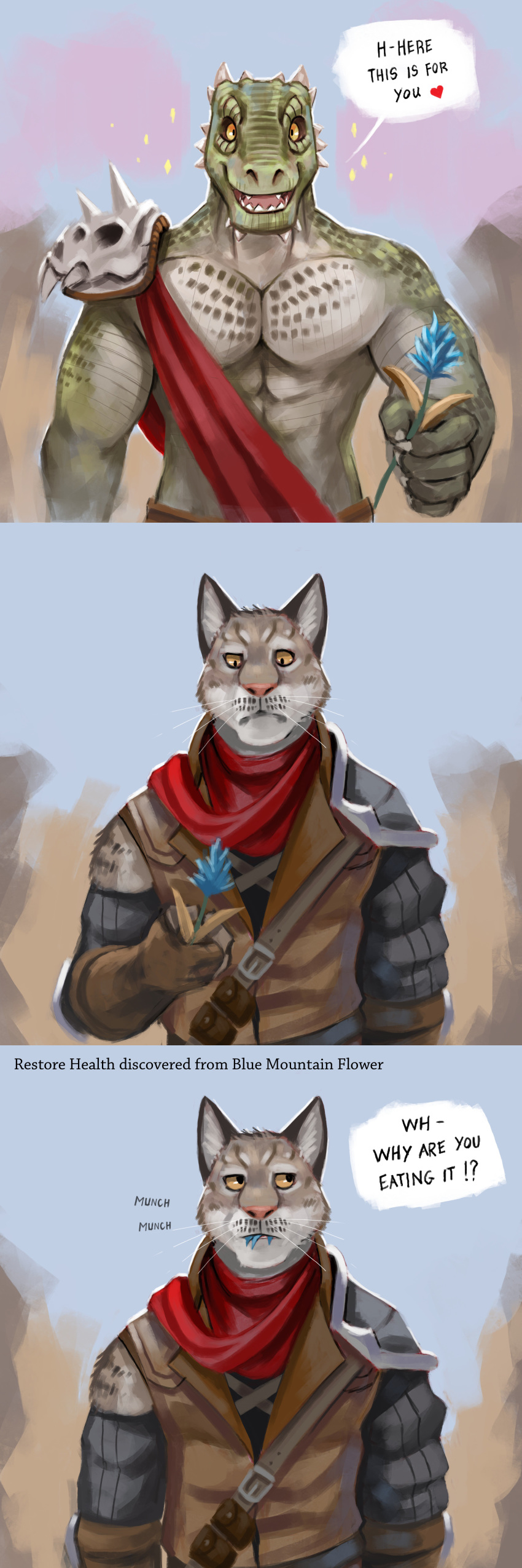 &lt;3 1:3 7theaven abs absurd_res anthro argonian armor bethesda_softworks clothed clothing comic duo eating english_text felid feline flower gloves handwear hi_res humor khajiit male male/male mammal muscular muscular_arms muscular_male onomatopoeia open_mouth pecs plant raj-mota_rus_(character) romantic_ambiance scalie scarf simple_background sound_effects speech_bubble stuttering teeth text the_elder_scrolls tongue video_games whisker_spots whiskers zah'ari_(character)