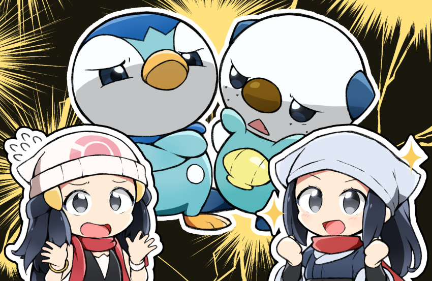 2girls akari_(pokemon) beanie black_hair bracelet clenched_hands commentary_request dawn_(pokemon) eyelashes flying_sweatdrops grey_eyes grey_jacket hands_up hat head_scarf highres jacket jewelry long_hair mijumaruko multiple_girls open_mouth oshawott outline piplup pokemon pokemon_(creature) pokemon_(game) pokemon_bdsp pokemon_legends:_arceus red_scarf scarf shirt sleeveless sleeveless_shirt sparkle time_paradox tongue undershirt white_headwear